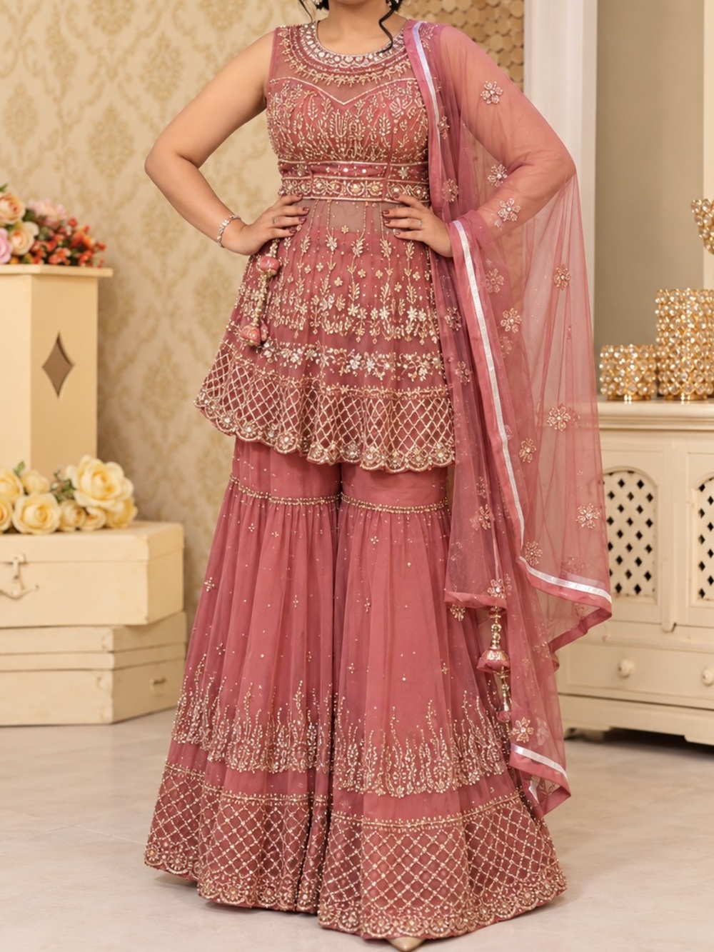 Stunning Dusty Rose Pink Embroidered 3-Piece Sharara Suit | Size Large